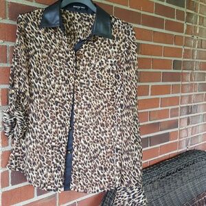 Gianni Bini leopard/animal print chiffon long sleeve sheer blouse leather trim